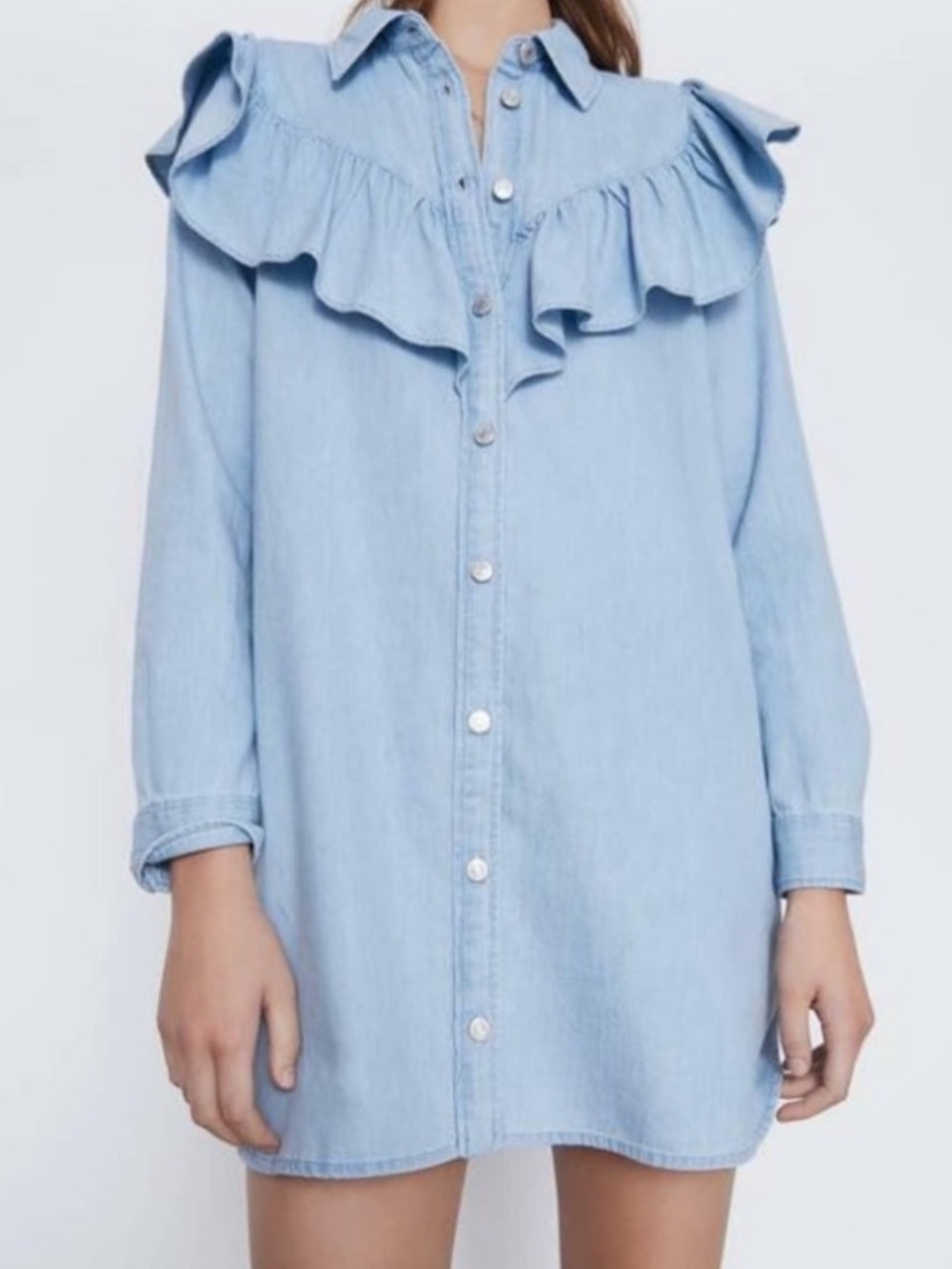Zara Light Blue Ruffle Denim Shirt Dress